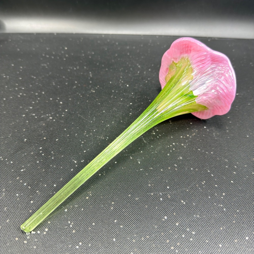 Hand Blown Glass Flower Pink Trumpet Morning Glory Green Stem Art Glass 7 Inch - Picture 7 of 11